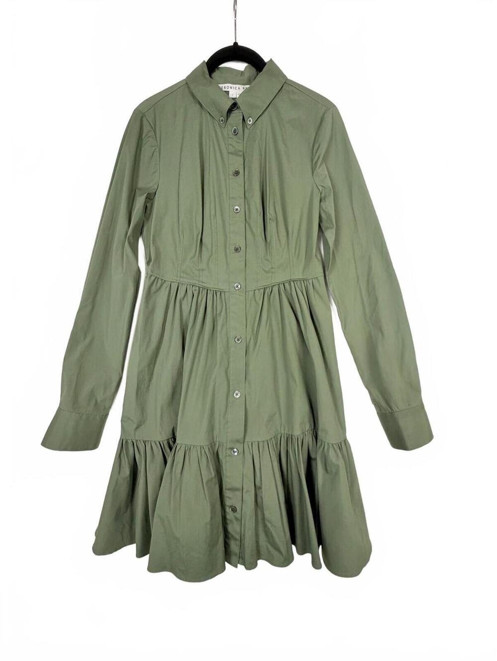 Veronica Beard Delbie Stone Army Green Tiered‎ Poplin Shirt Dress Size 0